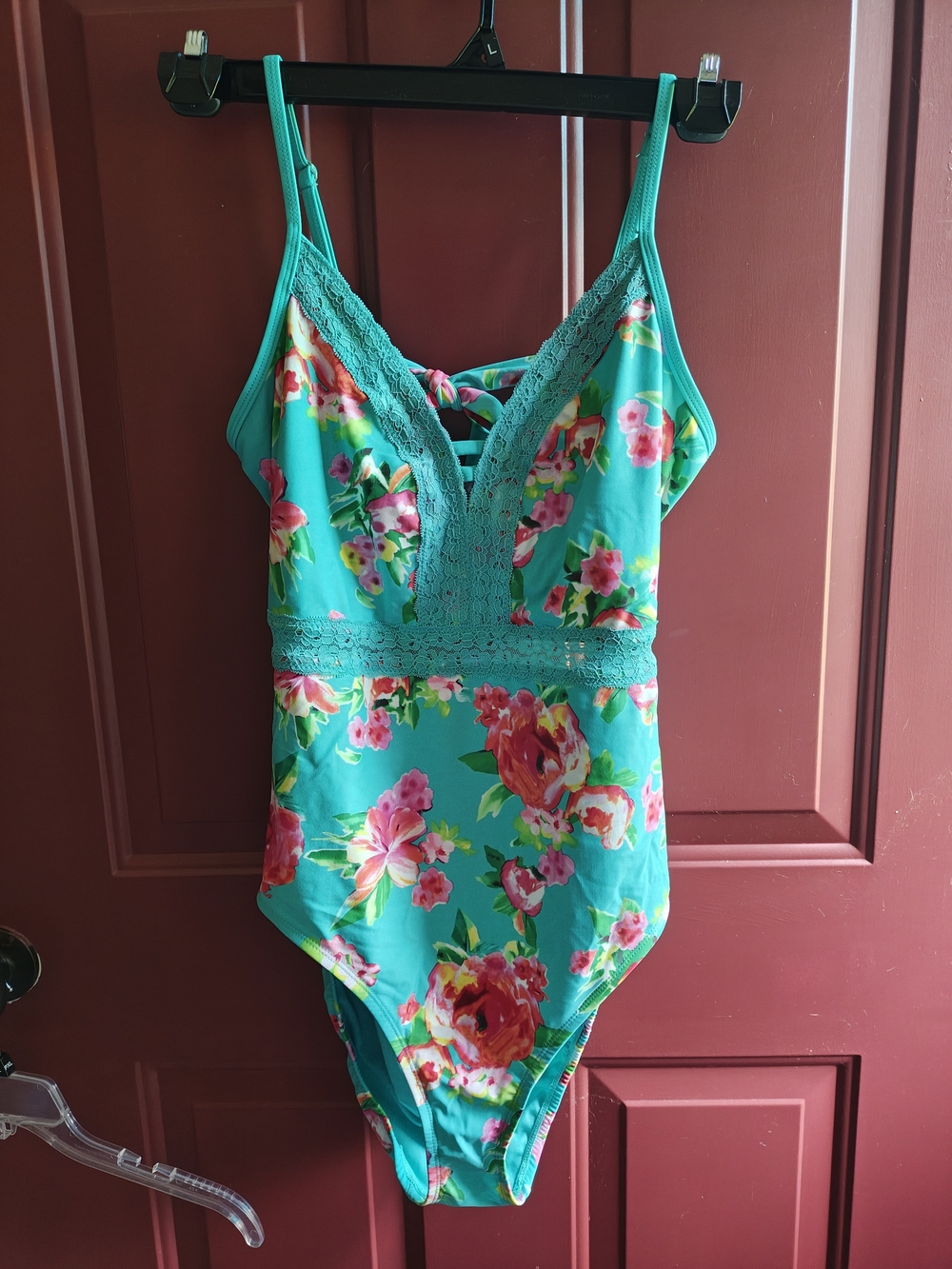 Time And Tru Turquoise Floral One-Piece Swimsuit with Lace Trim